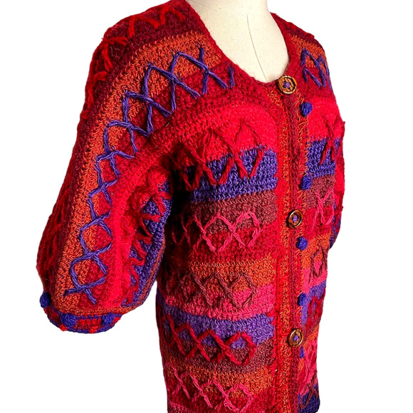 VINTAGE 60s XS Mod HAND KNIT Sweater Mini Dress $380 WOOL Puff Sleeves Red Blue - Picture 2 of 15